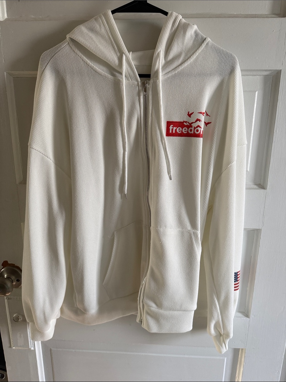 White Zip Hoodie with Red 'freedom' Logo